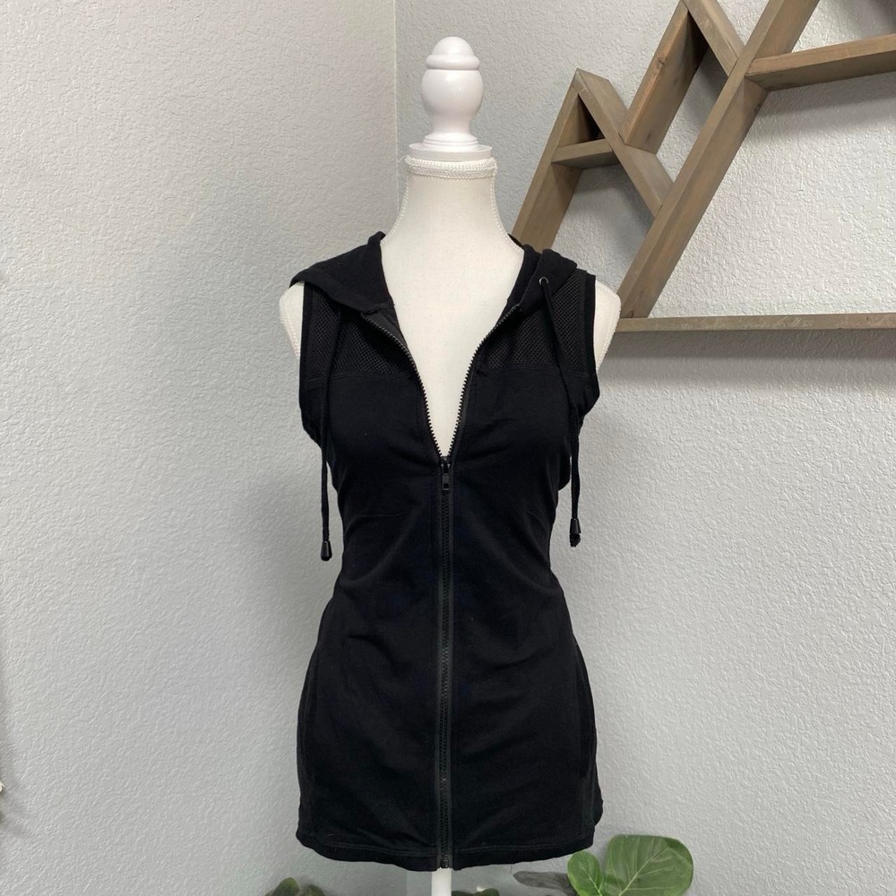 CABLE & GAUGE BLACK ZIP UP HOODIE VEST MESH PANELS FRONT POCKETS Y2K GRUNGE
